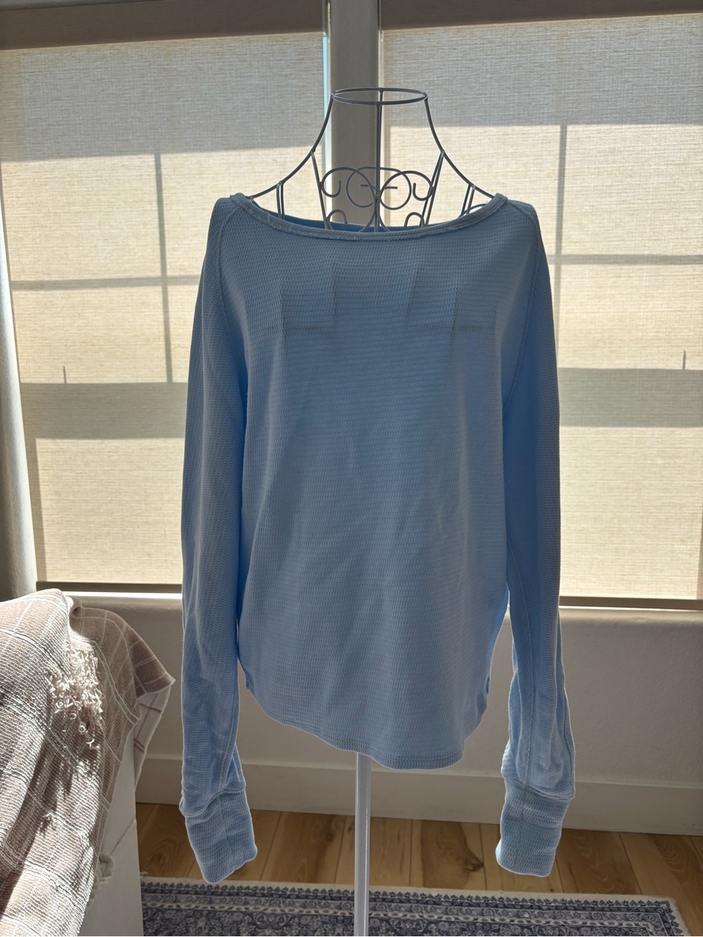 Free People Waffle Thermal Long Sleeve Top T shirt Light Blue Size Small Beachy
